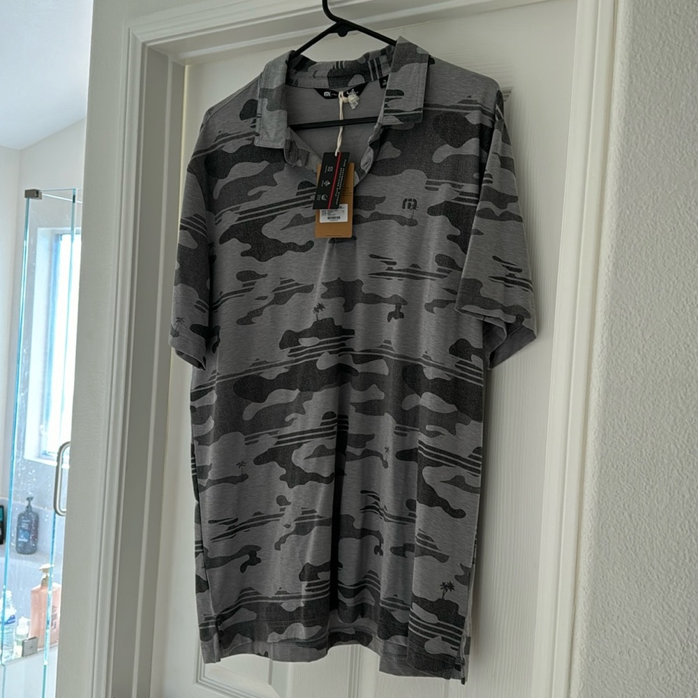 Travis Mathews gray camo and palm polo. Never worn, new with tags.
